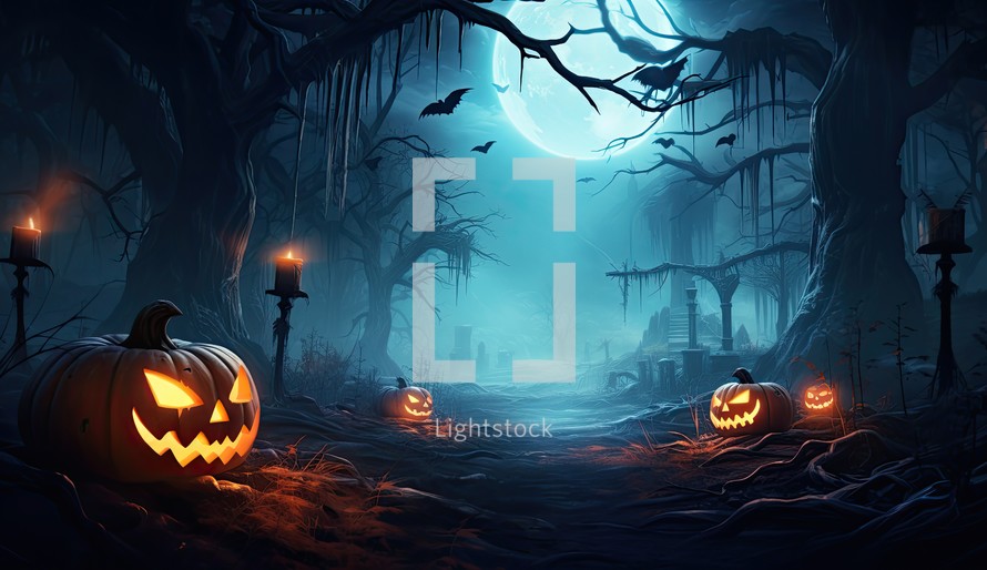 Halloween background with pumpkins and trees. 3d rendering.