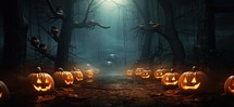 Halloween background with pumpkins in the forest. 3d rendering