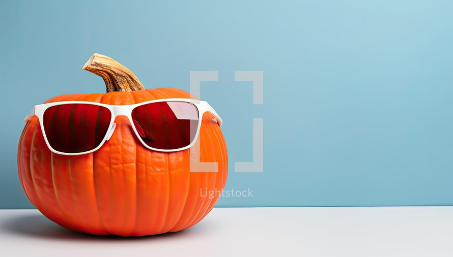 Halloween pumpkin with sunglasses on a blue background. 3d rendering
