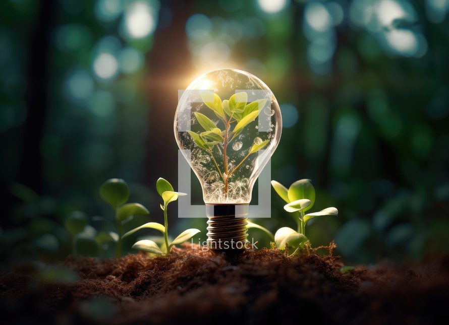 Green plant growing inside of light bulb in soil. Ecology and environment concept.