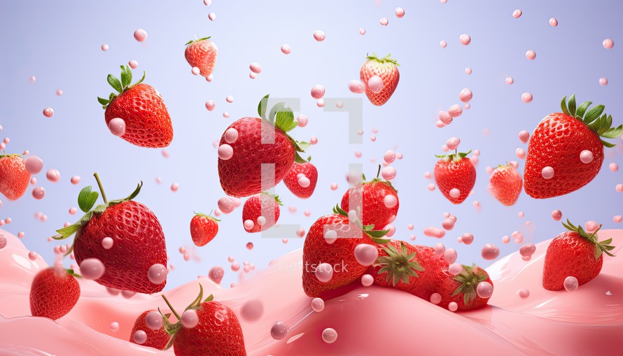 strawberry splashing into milkshake, 3d illustration