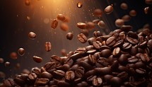 Coffee beans flying in the air on a dark background.