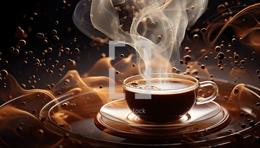 Cup of coffee with smoke on dark background. 3d rendering