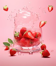 Strawberries falling into a glass bowl with water splash on pink background