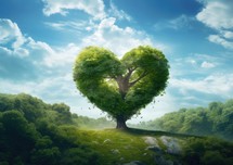 Green heart shaped tree on a hill with blue sky and clouds background
