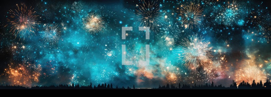 Fireworks celebration New Year's Eve background, panoramic banner