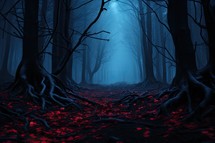 Mysterious dark forest with fog and red leaves. Halloween background