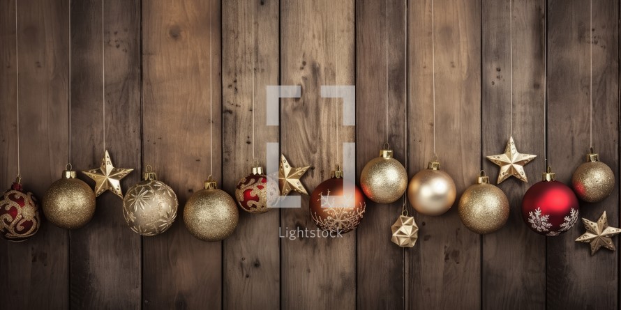 Christmas background with golden and red baubles on wooden planks