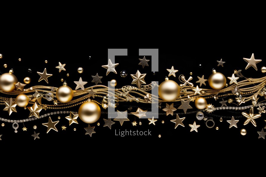 christmas background with golden baubles and stars on black background