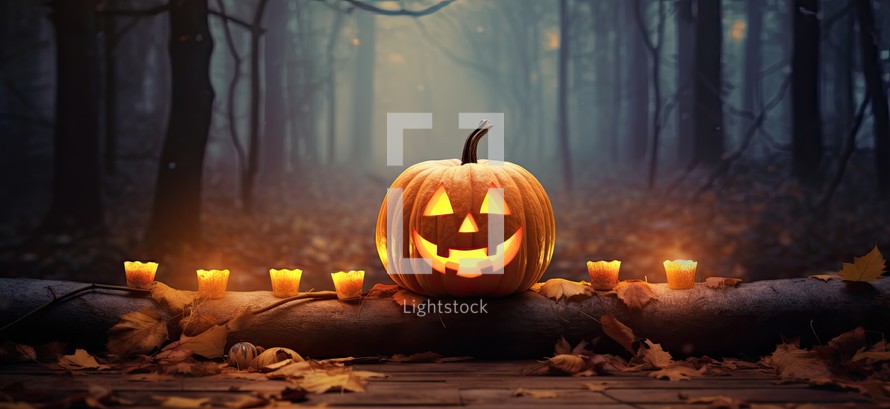 Halloween pumpkin with burning candles in foggy forest, 3D rendering