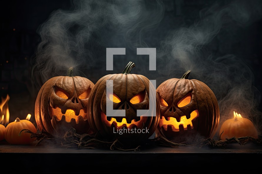 Halloween pumpkins with burning candles and smoke on dark background.