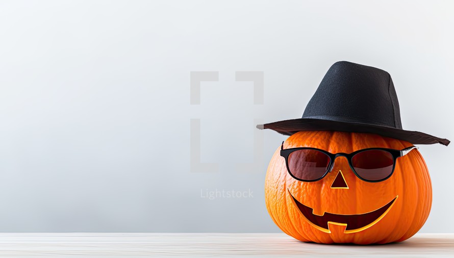 Halloween pumpkin wearing black hat and sunglasses on wooden table and white background