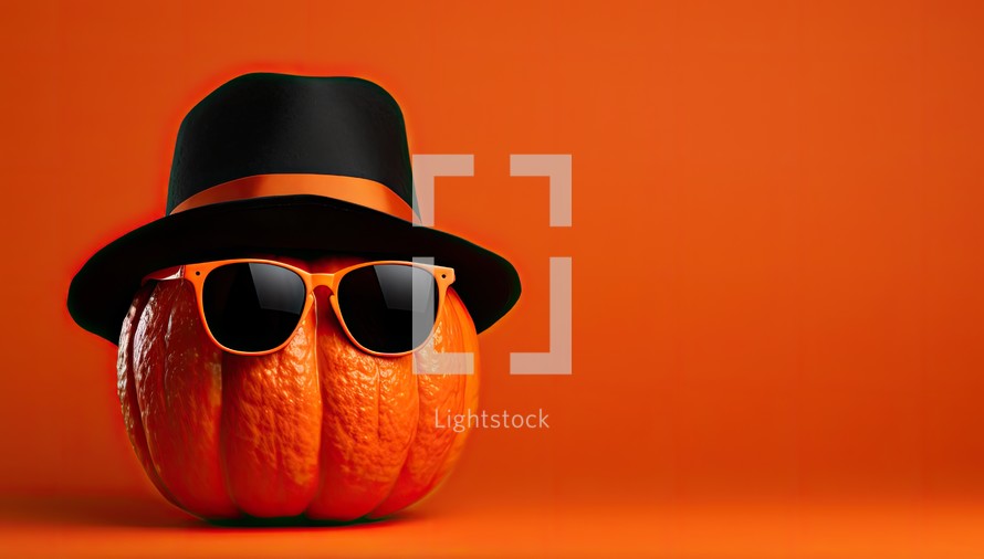 Halloween pumpkin wearing black hat and sunglasses on orange background. 3D Rendering