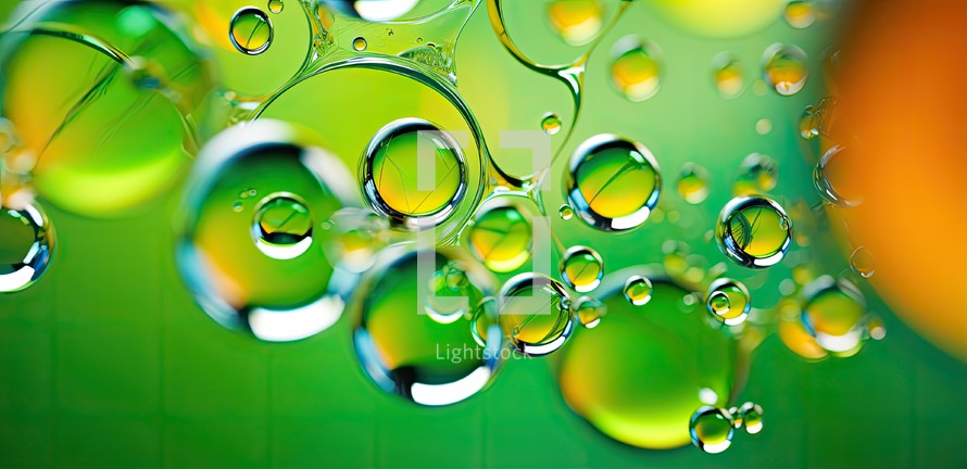 Close-up of colorful water drops on a green background. Macro