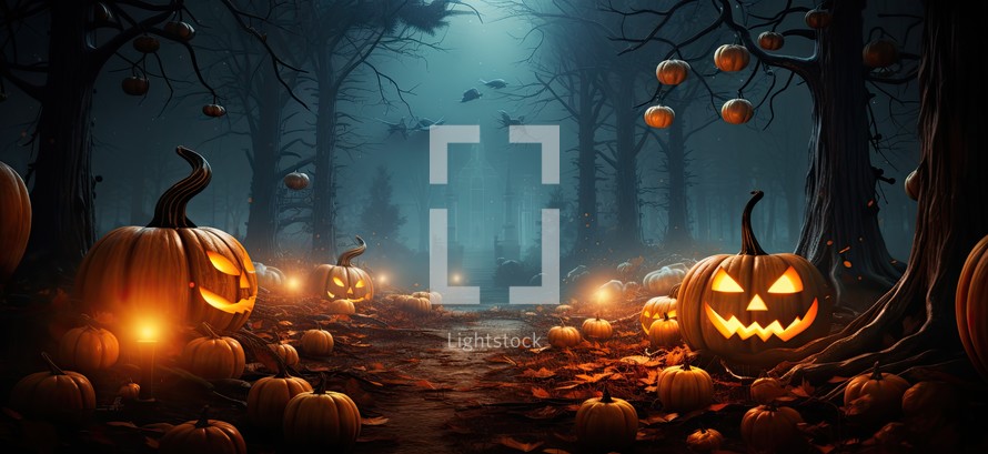 Halloween background with scary pumpkins in dark forest. 3d rendering