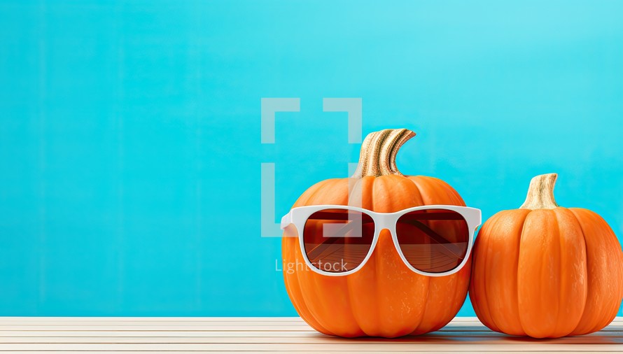 Pumpkin with sunglasses on blue background. Happy Halloween concept.