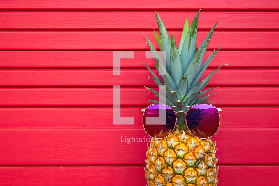 Pineapple with sunglasses on red wooden background. Summer vacation concept.