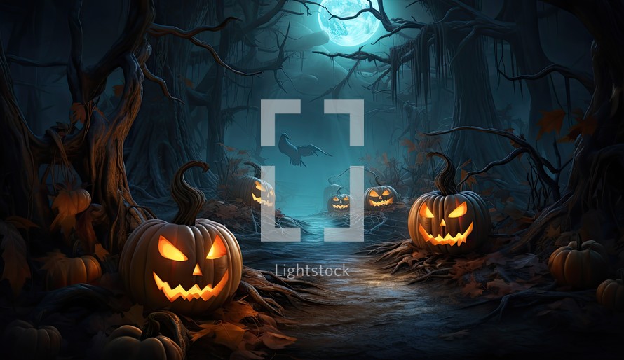 Halloween background with pumpkins in dark forest - 3D render