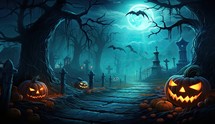 Halloween background with pumpkins and cemetery, 3d render illustration