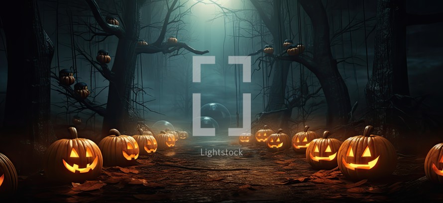 Halloween background with pumpkins in the forest. 3d rendering