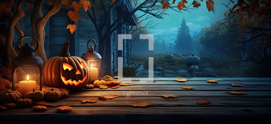 Halloween background with pumpkins and lanterns. 3d rendering