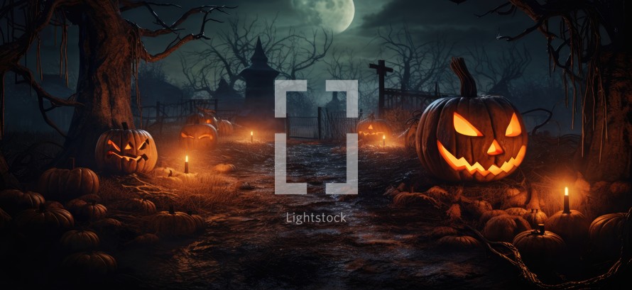 Halloween background with pumpkins and candles. 3D rendering.
