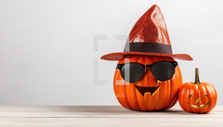 Halloween pumpkin with sunglasses and hat on wooden table with copy space