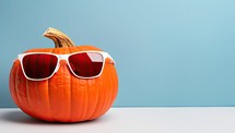Halloween pumpkin with sunglasses on a blue background. 3d rendering