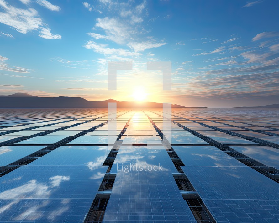 solar energy panels at sunset in the sky 3d render illustration