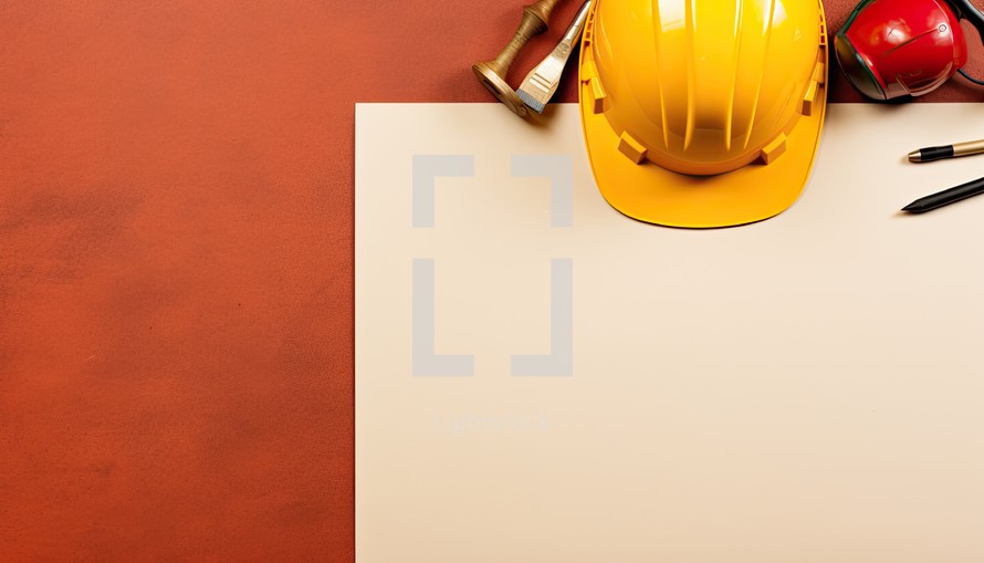 Standard construction safety equipment on brown background with copy space for text.
