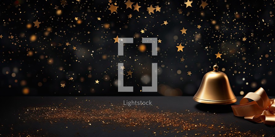 Christmas bell with golden confetti on dark background. 3d rendering