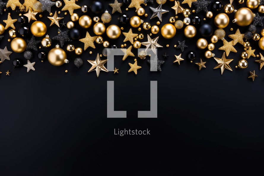Christmas background with golden and black baubles and stars on black