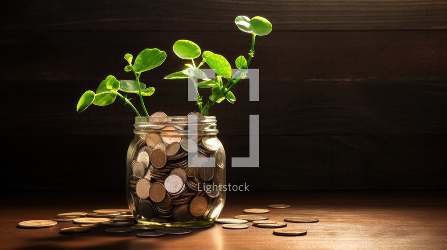 Coins in a glass jar and green plant on wooden background.