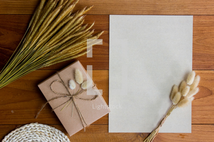 wrapped brown paper gift box and fuzzy grasses 