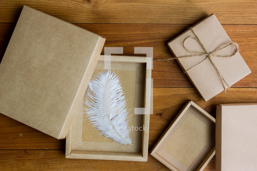 wrapped brown paper gift box and feather