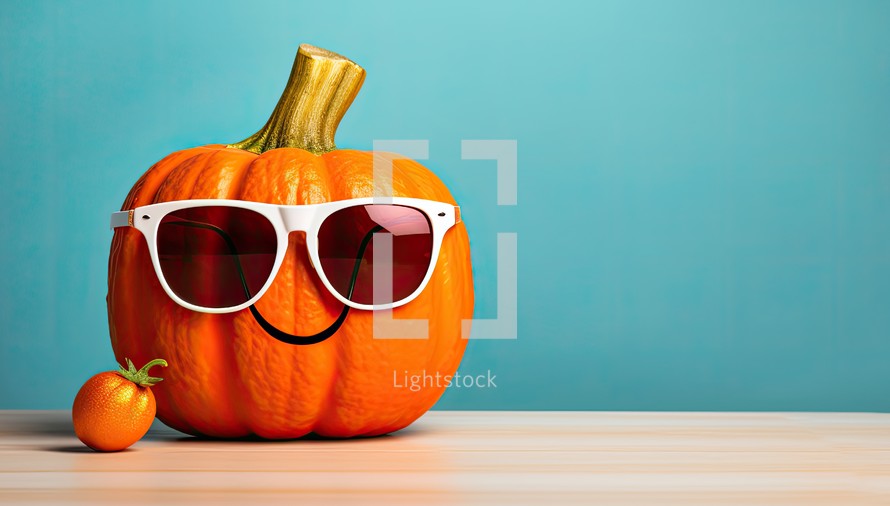Halloween pumpkin with sunglasses and tangerine on a blue background
