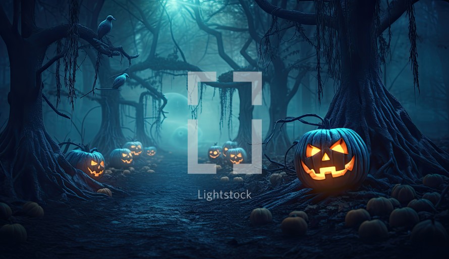 Halloween background with scary pumpkins in the dark forest. 3D rendering