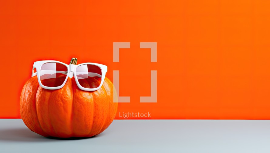Pumpkin with sunglasses on orange wall background. Halloween concept.