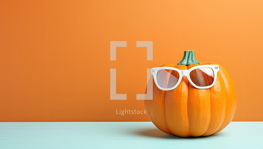 Pumpkin wearing sunglasses on orange background. 3D Rendering