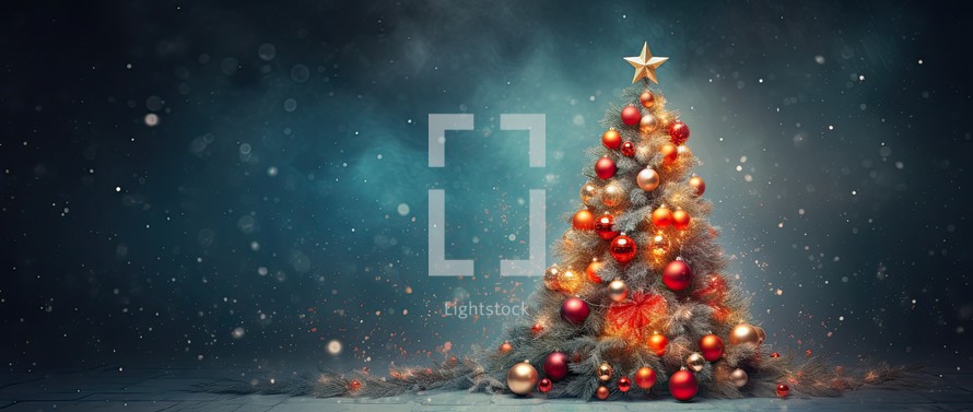 Christmas tree with ornaments and falling snow, 3d rendering