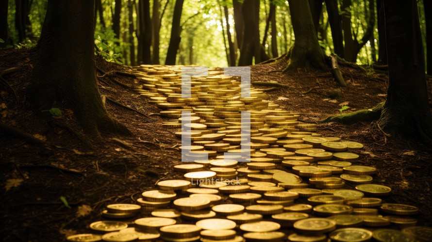 Path in the forest with golden coins in the evening. Beautiful nature background.