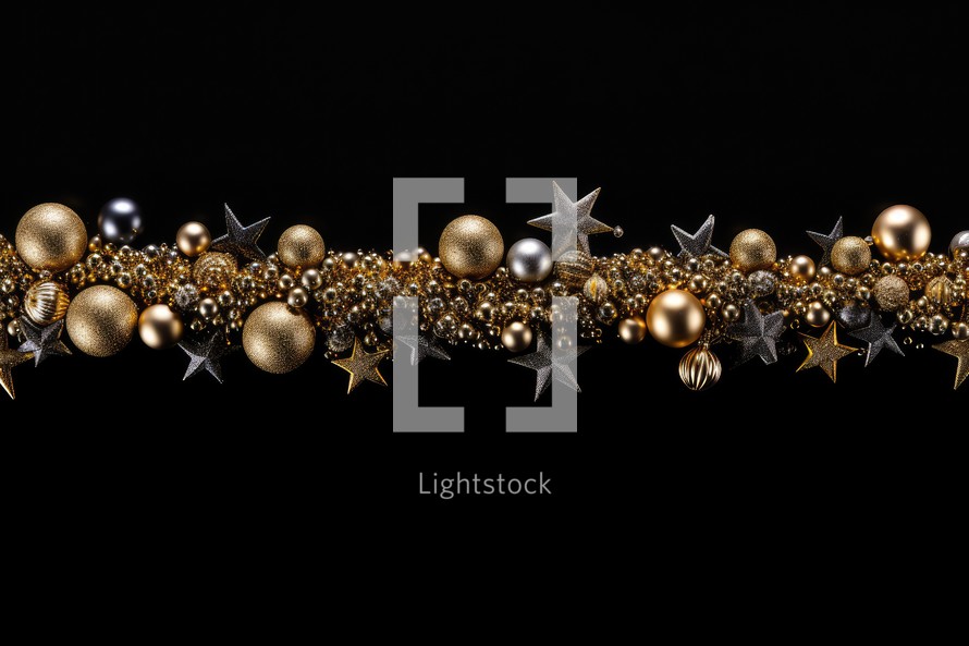 
Christmas garland with golden and silver baubles on black background