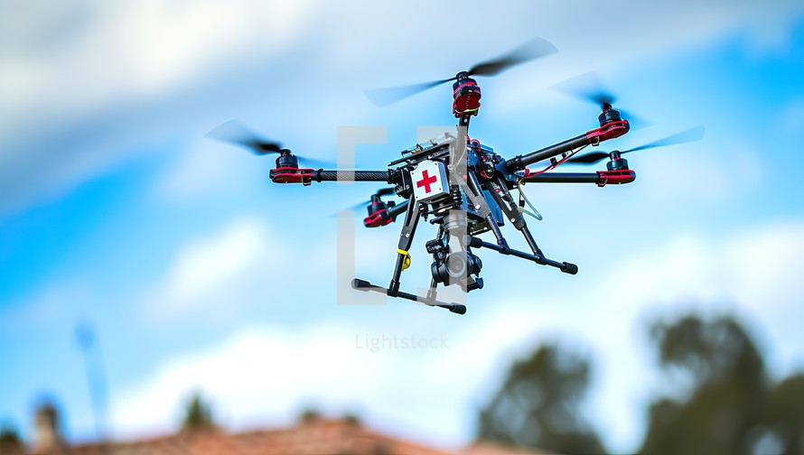 Medical drone flying in blue sky