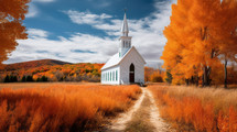 White wooden church in vibrant fall landscape