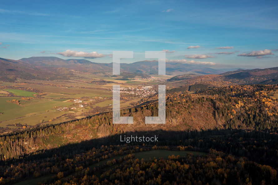 Aerial View of Polomka Village in Autumn with Blue Sky, Slovakia