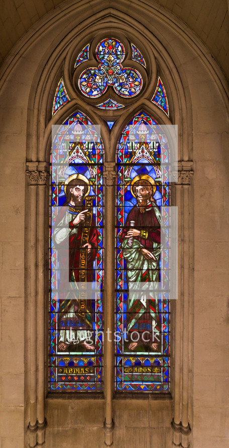stained glass window from a church, featuring biblical scenes