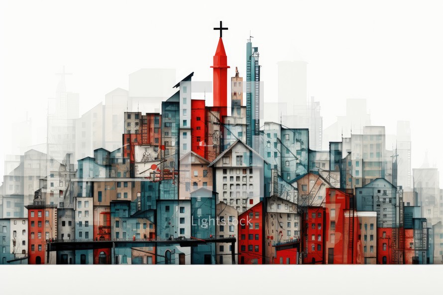 Cityscape with church, red buildings and cross on white background. 3D rendering