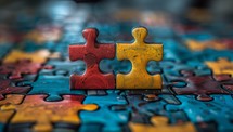 Colorful jigsaw puzzle pieces on wooden background. Close up.