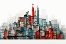 Cityscape with church, red buildings and cross on white background. 3D rendering