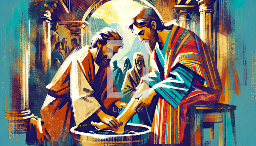 Illustration of Jesus washing Peter's foot, Biblical event, vibrant colors.
